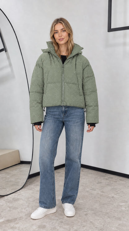 Full front view of sage green glitter cropped hooded puffer jacket
