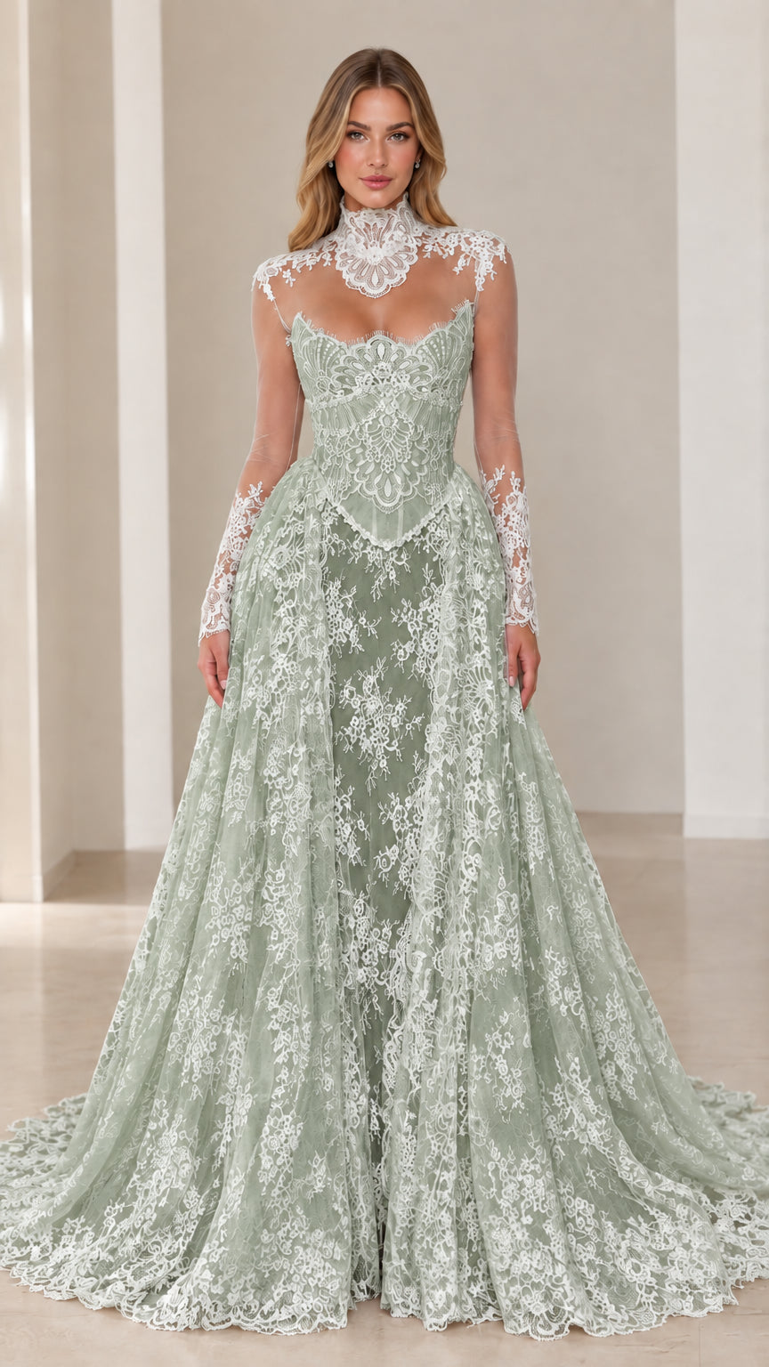 Model wearing the Sage Green high neck lace evening gown with sweeping train