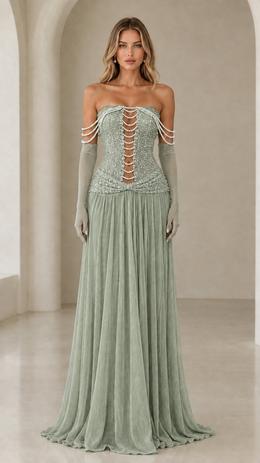 Model wearing sage green strapless pearl embellished corset gown with gloves