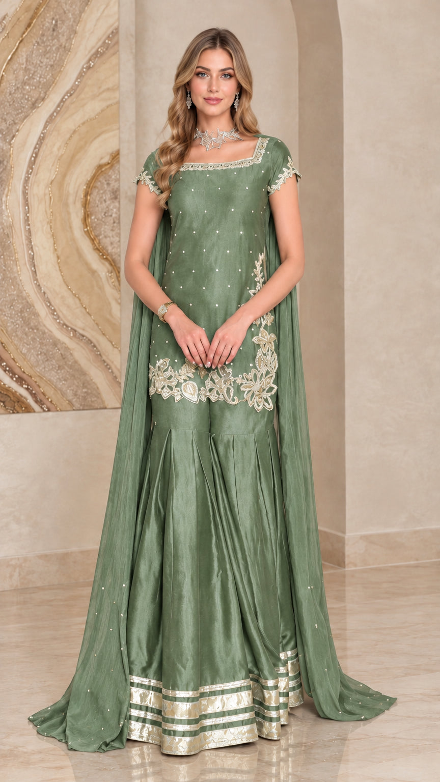 Sage green square neck tunic and sharara set with sheer cape