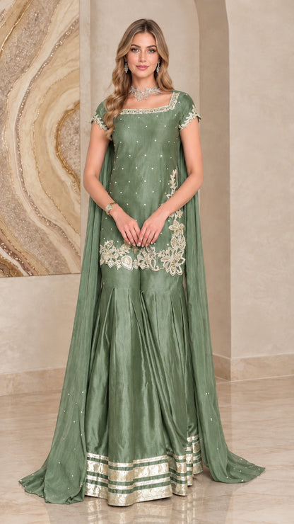Sage green square neck tunic and sharara set with sheer cape