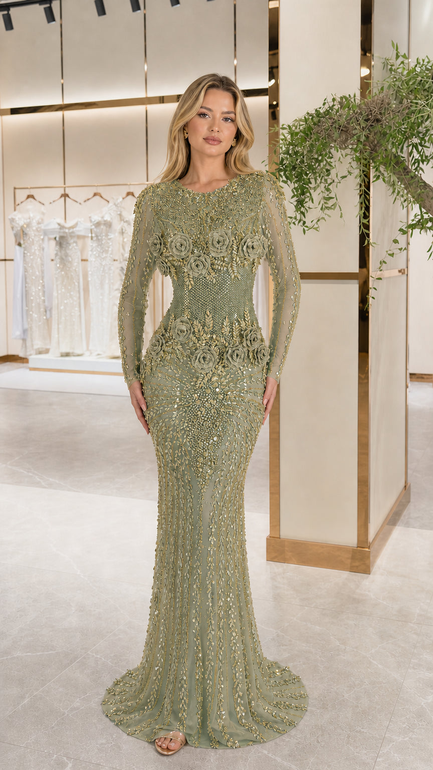Sage green sequin embellished long sleeve mermaid maxi dress