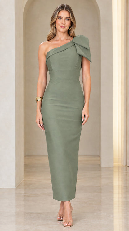 Model wearing sage green one-shoulder asymmetric column maxi dress