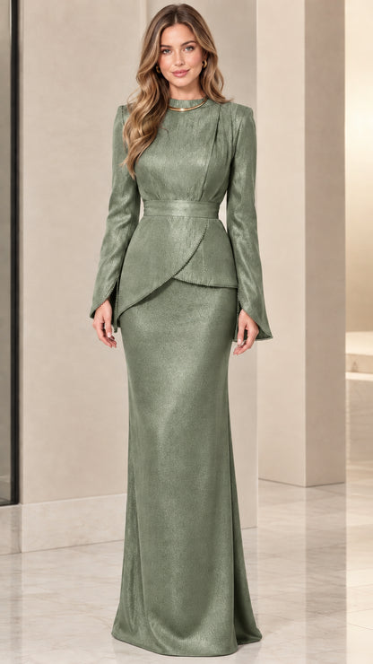 Front view of model wearing sage green long sleeve formal peplum maxi gown