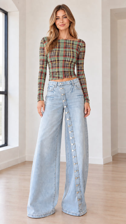 Model wearing Green Plaid long sleeve boatneck crop top