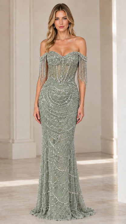 Sage green beaded mermaid evening dress with off-shoulder fringe
