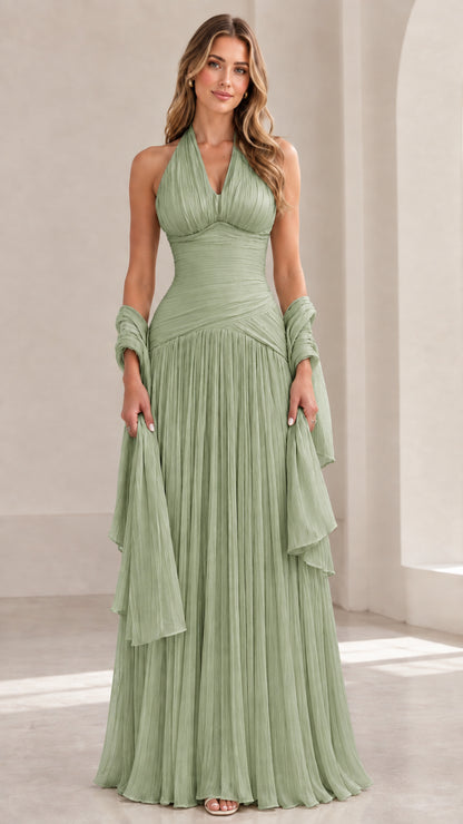 Full-length Sage Green halter pleated gown with matching chiffon wrap
