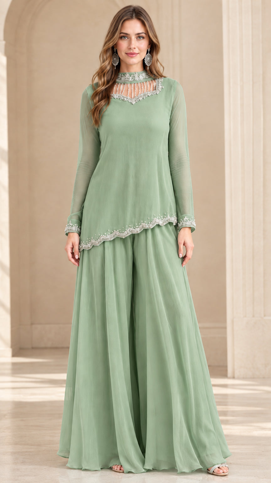 Sage Green mother of the bride beaded chiffon pant suit