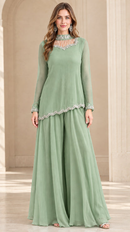 Sage Green mother of the bride beaded chiffon pant suit