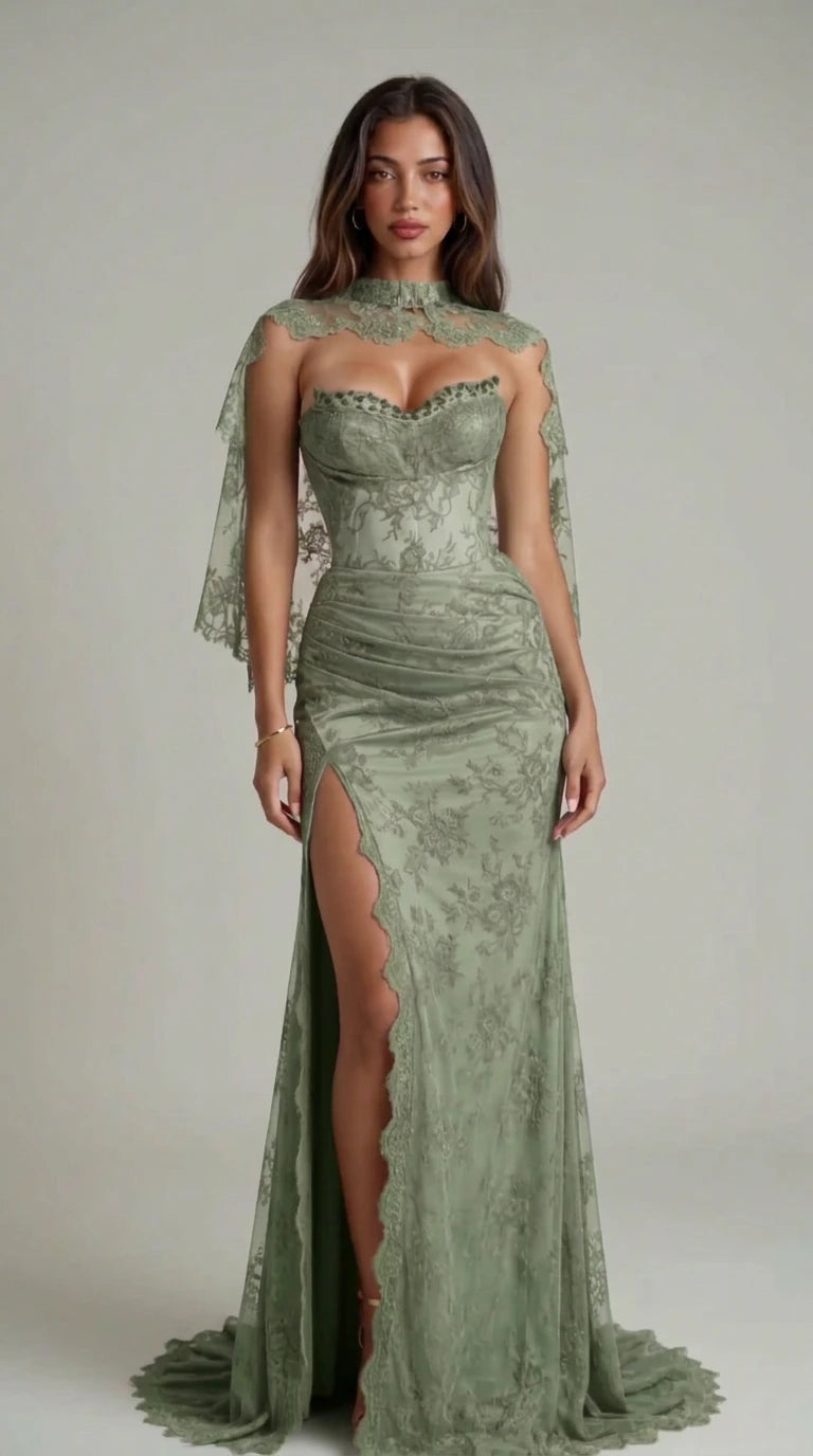 Full-length front view of sage green lace corset evening gown with capelet