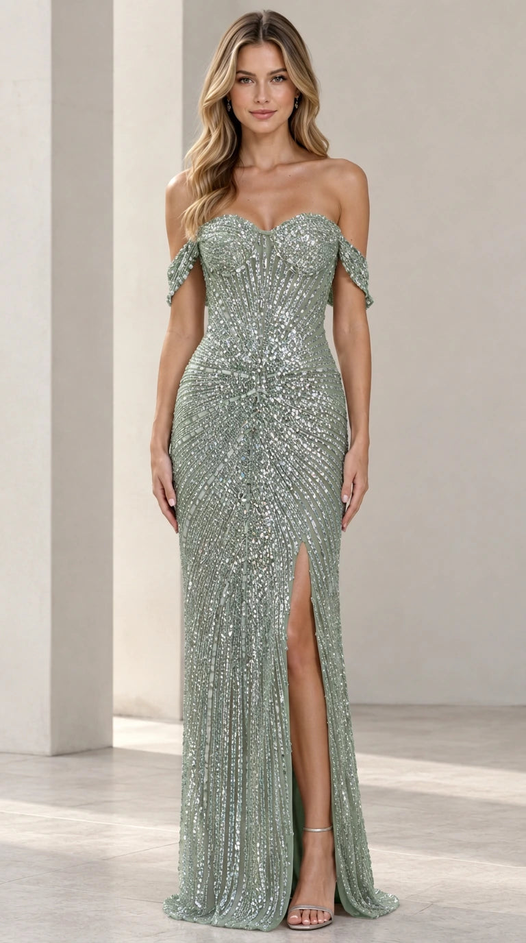 Model wearing Sage Green beaded sweetheart neckline evening gown