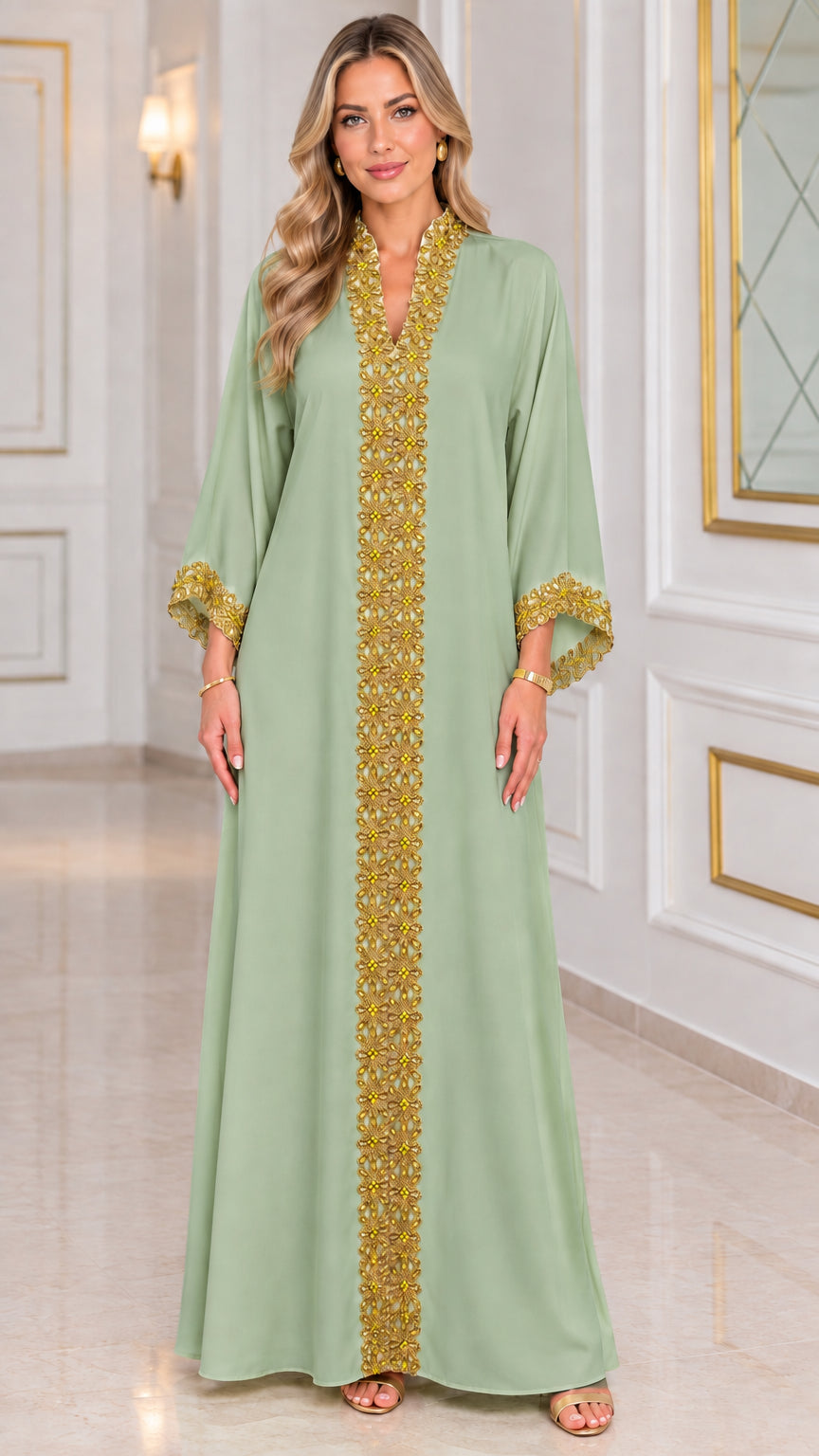 Front view of sage green kaftan maxi dress with gold embroidered detail