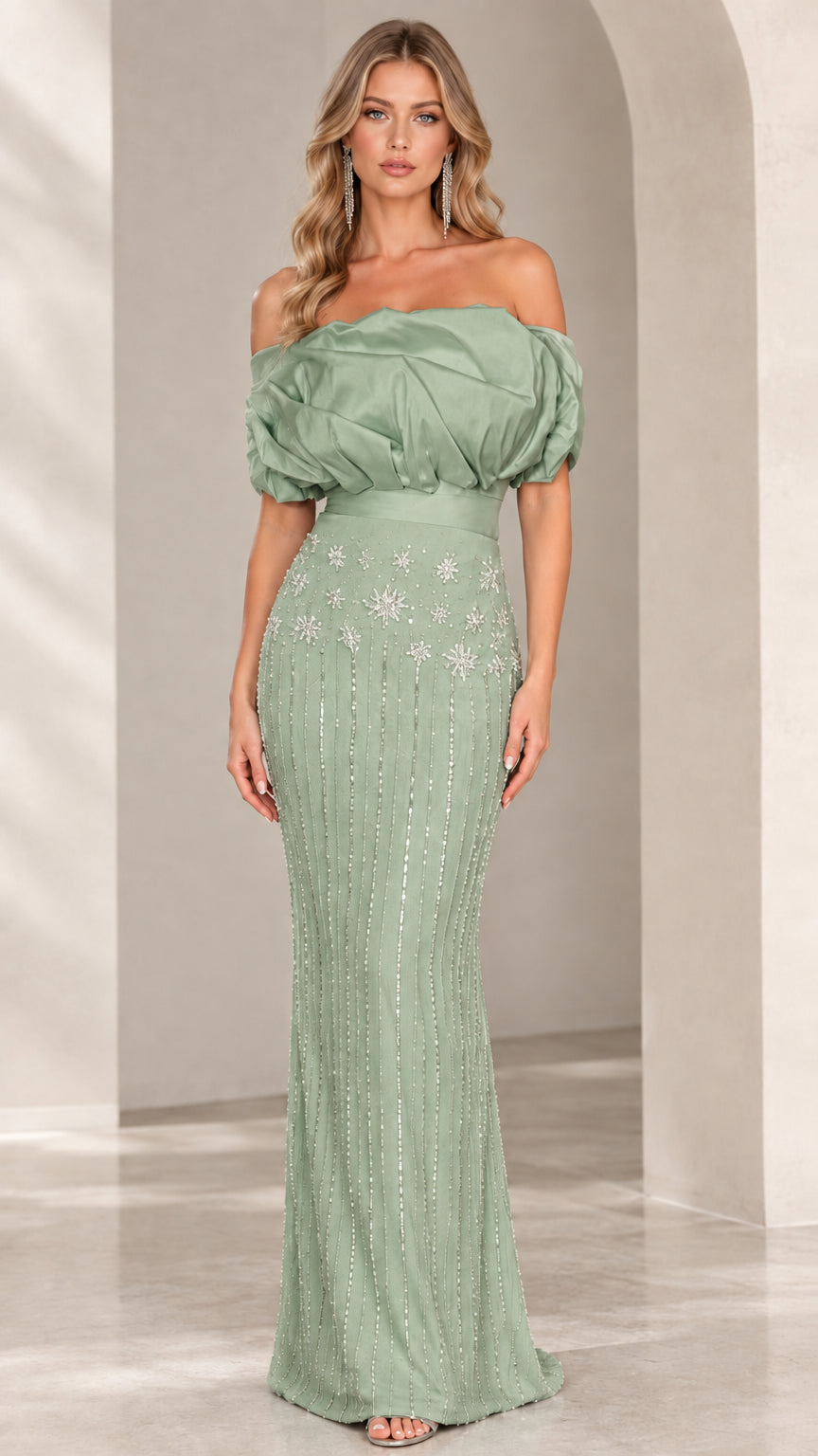 Sage green off-the-shoulder embellished mermaid gown