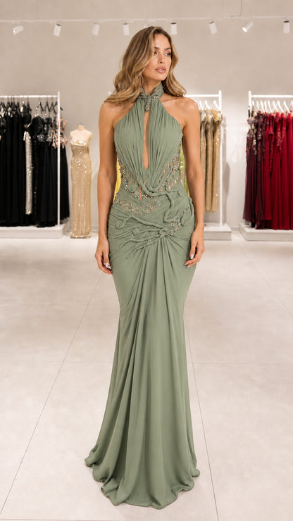 Sage green halter neck draped mermaid evening dress