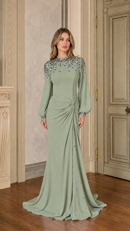 Sage Green floor-length ruched evening gown with crystal accents