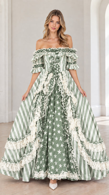 Full-length front view of sage green and white star and stripe ball gown