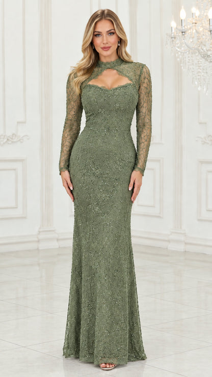 Model wearing sage green long sleeve lace formal gown