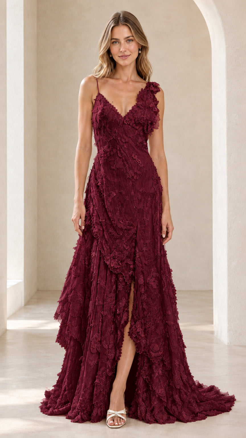 Front view of model wearing the burgundy red 3D floral tiered lace maxi evening dress
