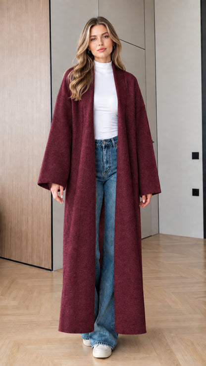Model wearing Burgundy open-front longline maxi coat