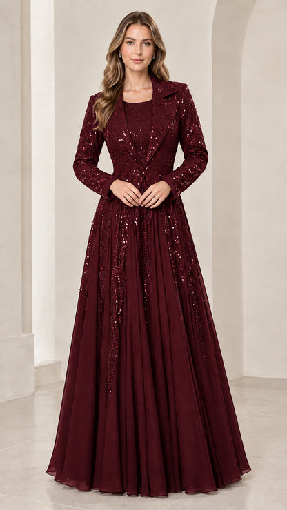 Burgundy wine sequin mother of the bride gown with long sleeves