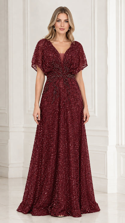 Model wearing burgundy wine red beaded flutter sleeve formal dress