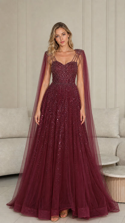 Burgundy wine sequined tulle evening gown with sweeping cape