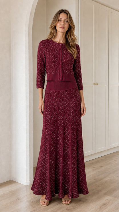 Model wearing Burgundy pointelle knit buttoned cardigan and long skirt set