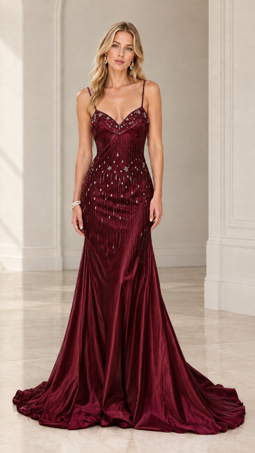 Burgundy wine red satin formal evening gown on model