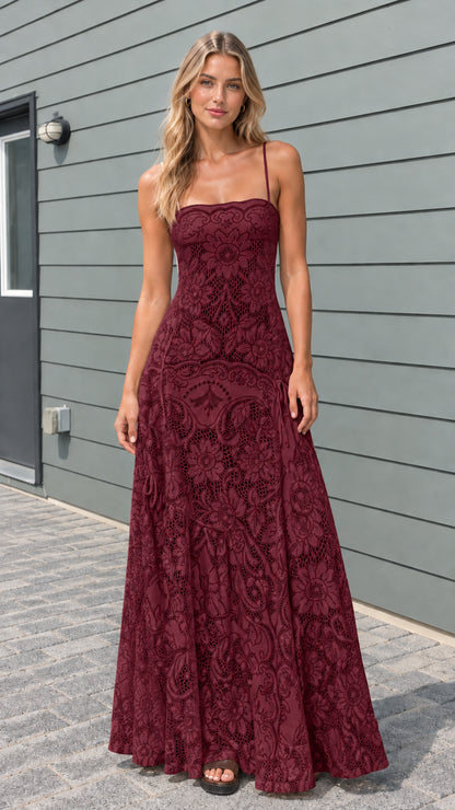 Model wearing burgundy floral lace cami maxi dress