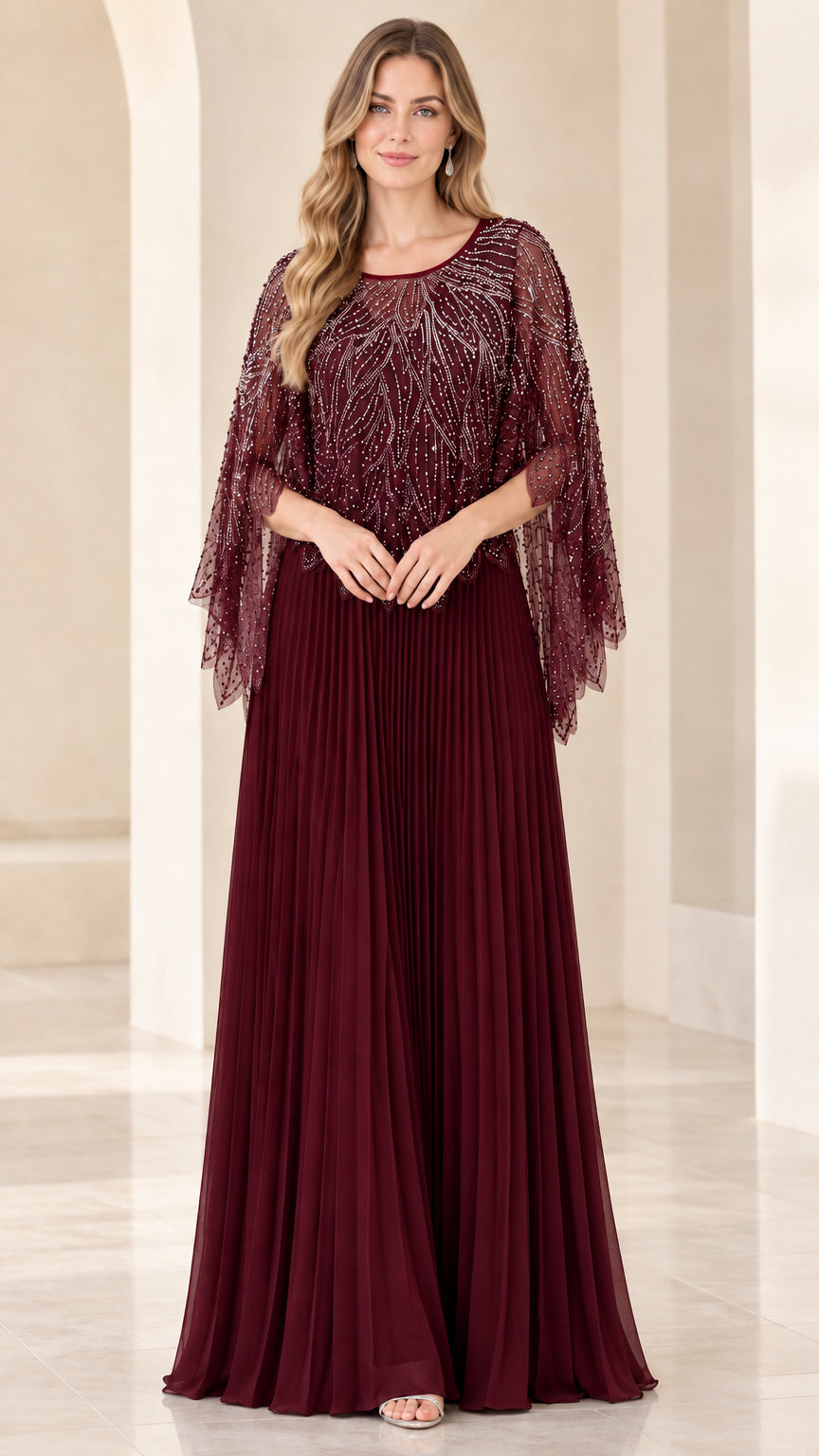Burgundy wine beaded capelet pleated maxi evening gown