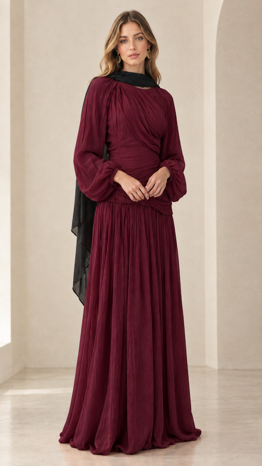 Front view of burgundy wine pleated chiffon maxi gown