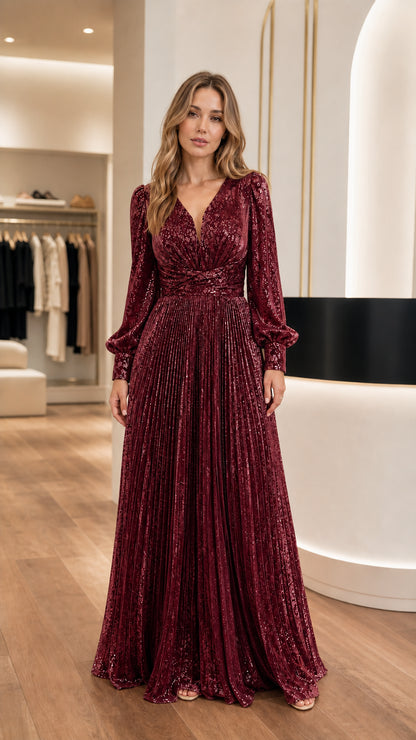 Full front view of model wearing Burgundy wine red long sleeve sequin pleated gown
