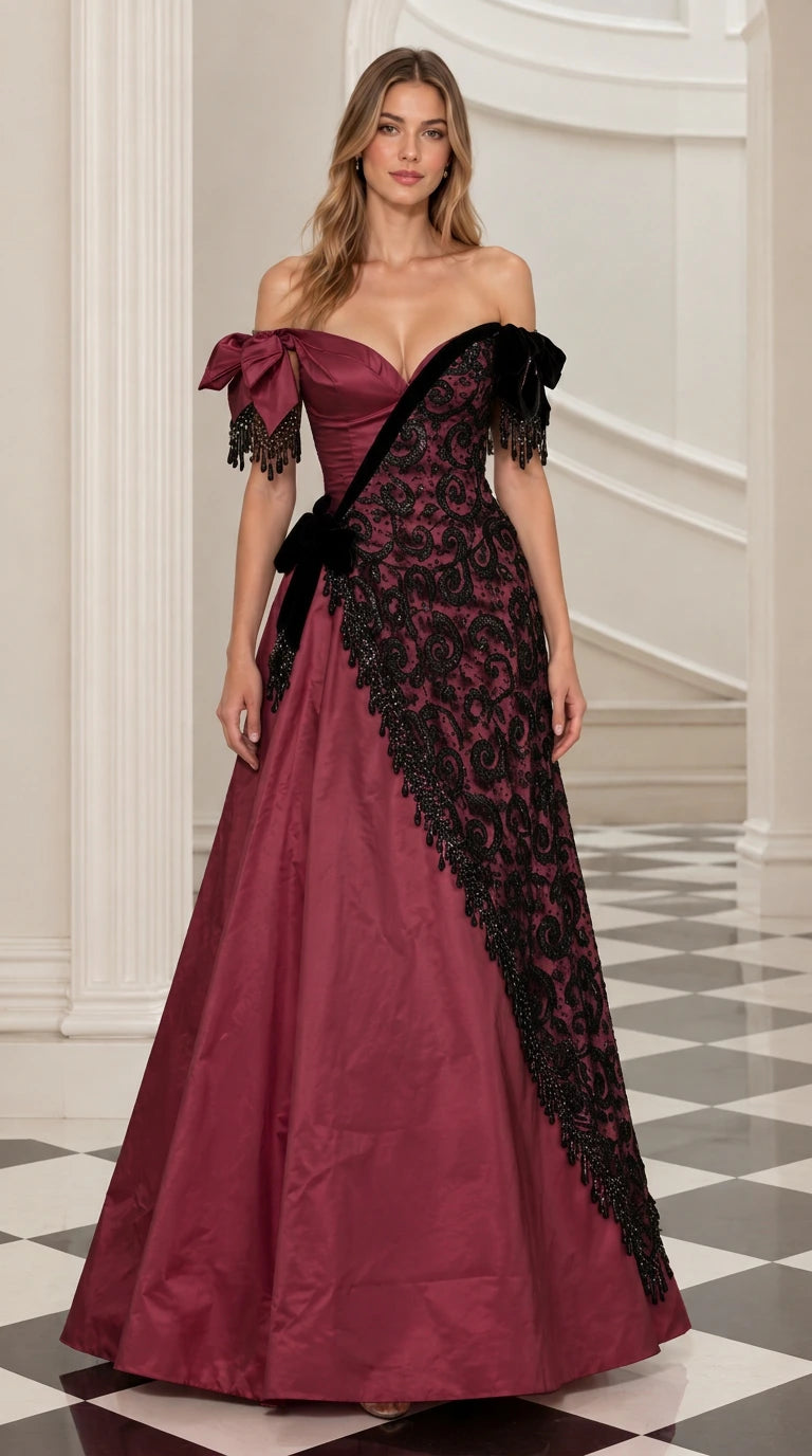 Front view of burgundy red off-the-shoulder gala gown with black lace detailing