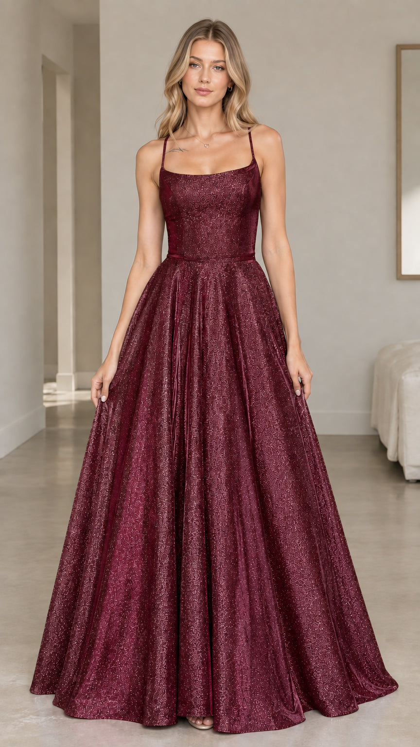 Front view of the burgundy glitter A-line maxi dress