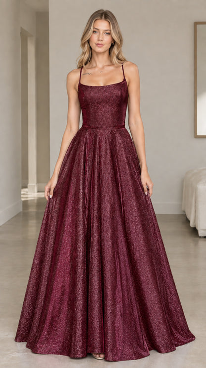 Front view of the burgundy glitter A-line maxi dress