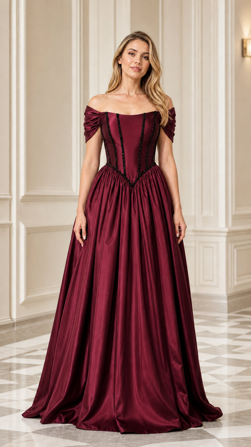 Burgundy wine red off-the-shoulder satin corset ball gown