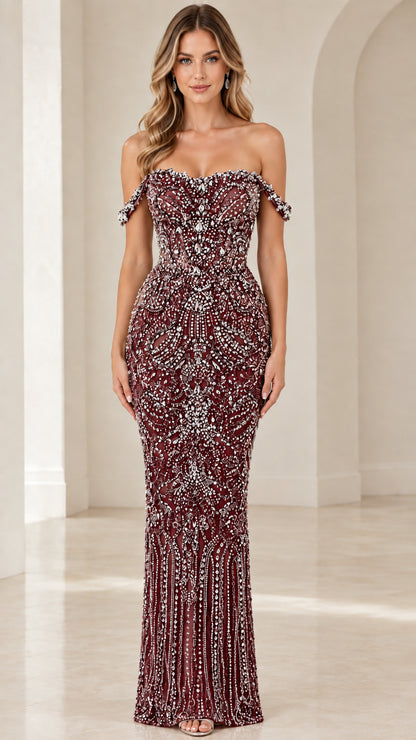 Full front view of Burgundy wine embellished off-the-shoulder formal maxi dress