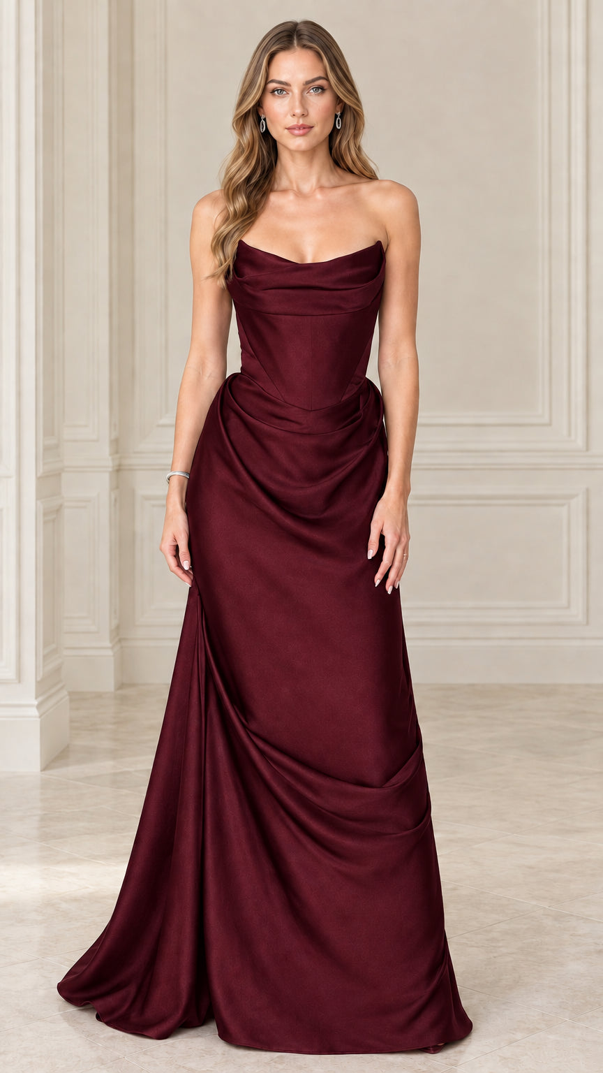 Model wearing burgundy red strapless satin corset draped maxi dress
