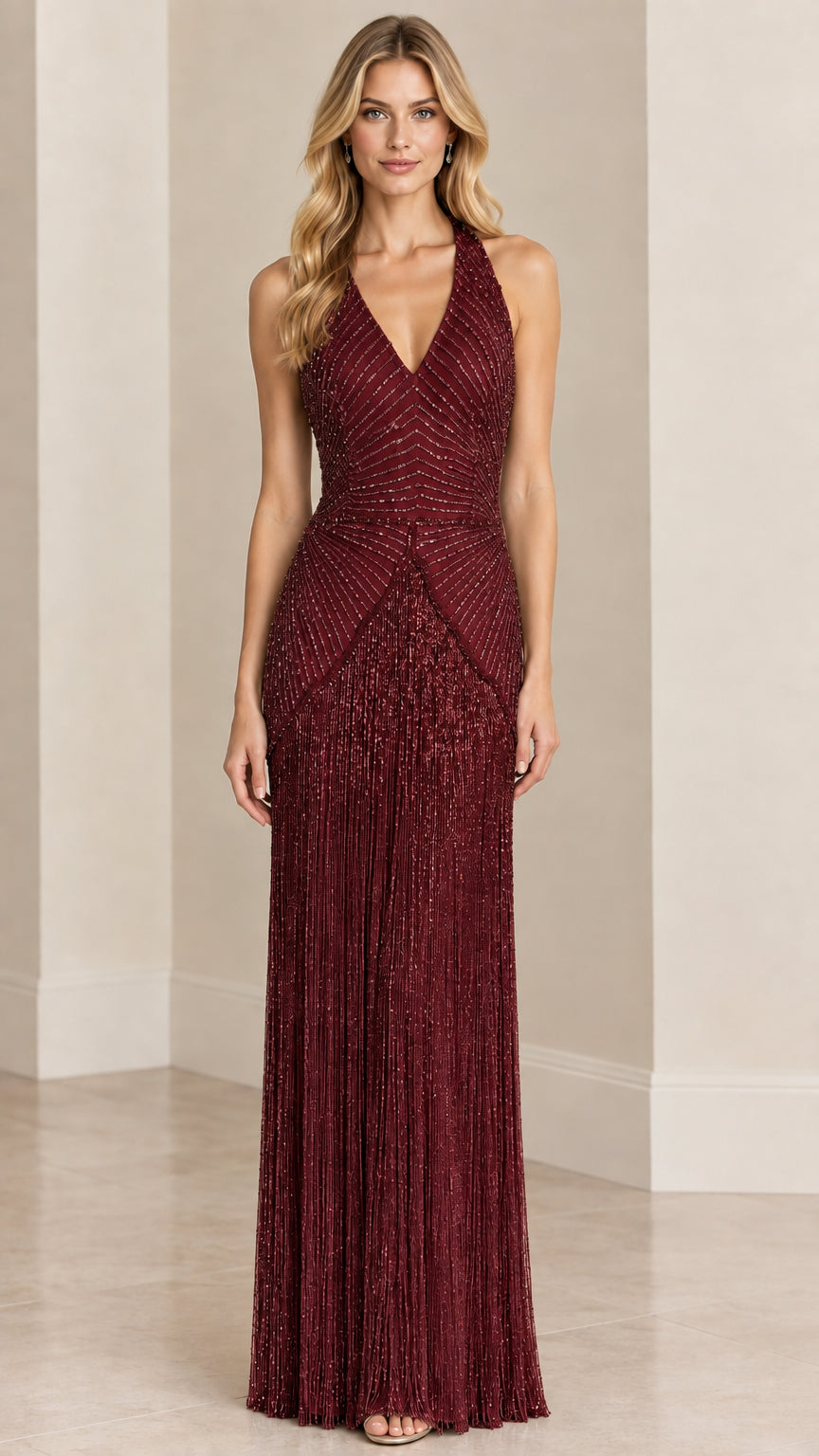 Model wearing Burgundy halter V-neck beaded fringe maxi evening gown