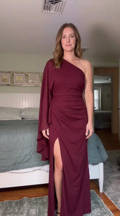 Burgundy wine red one-shoulder cape sleeve evening dress front view