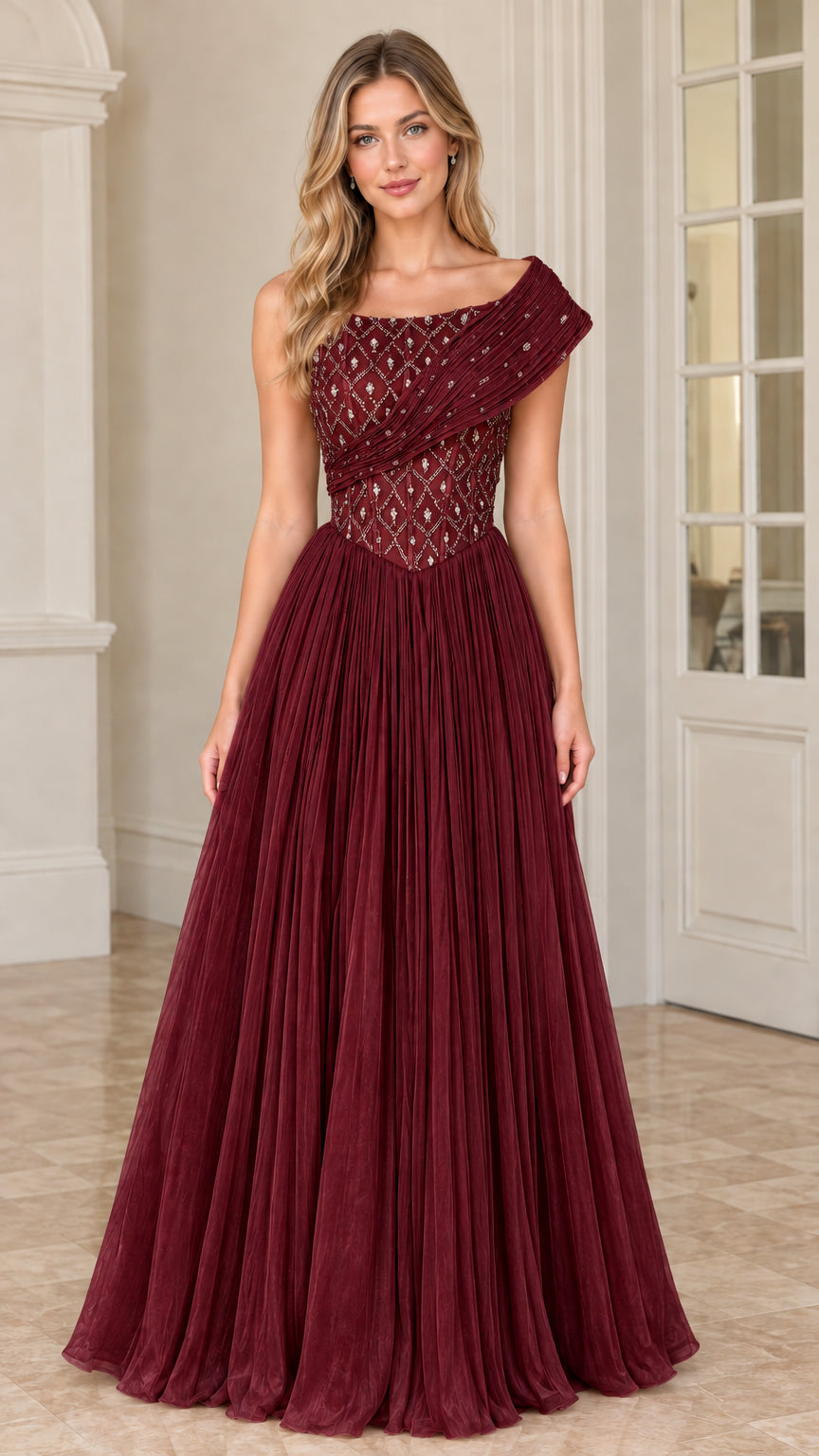 Front view of model wearing Burgundy one-shoulder beaded pleated formal dress