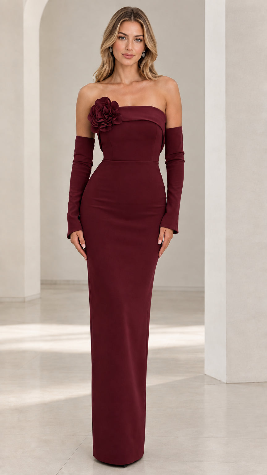 Burgundy wine red strapless column maxi dress with 3D rosette