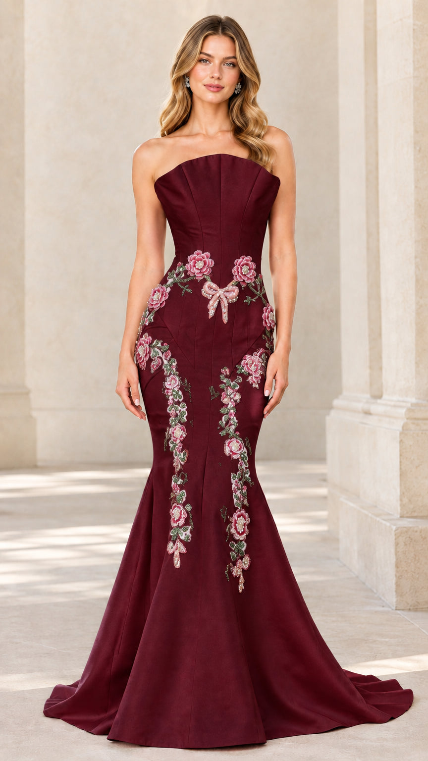 Front view of burgundy strapless floral embroidered mermaid evening dress