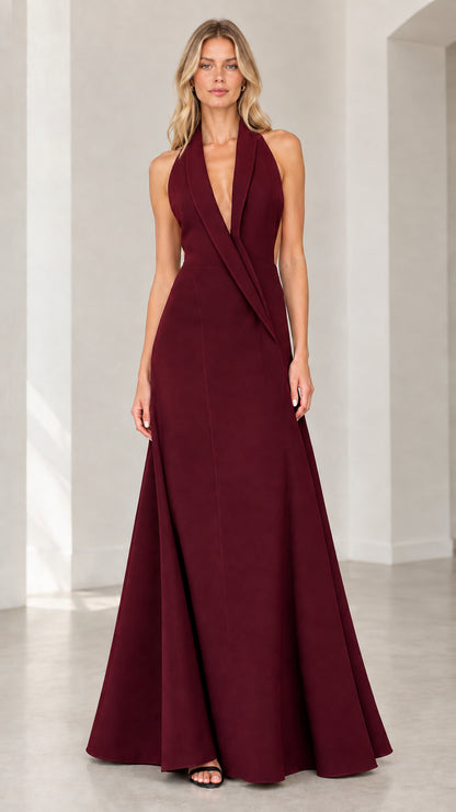 Front view of burgundy wine red halter tuxedo lapel formal gown