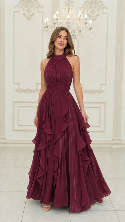 Burgundy wine red halter neck pleated ruffle maxi gown