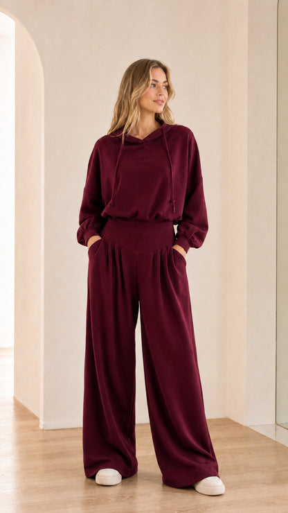 Full-body view of model wearing burgundy wine 2-piece wide-leg hoodie set