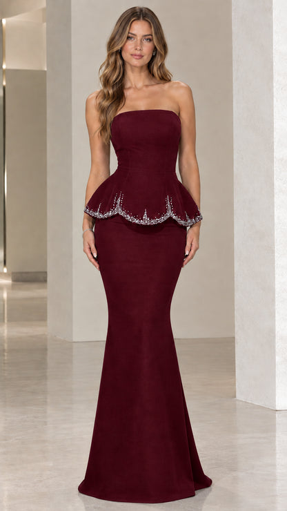 Burgundy wine red strapless peplum mermaid maxi evening dress