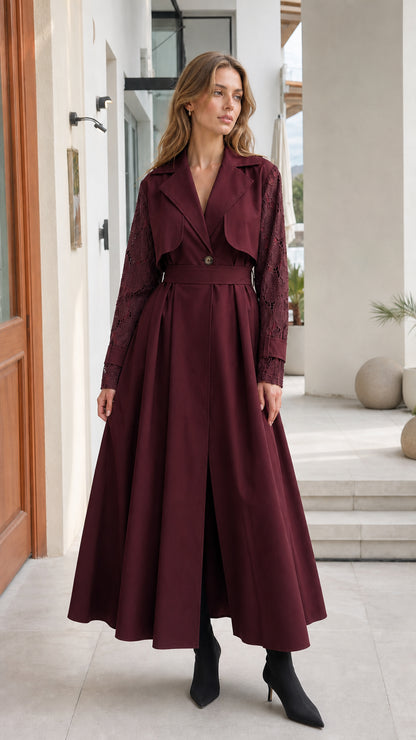 Front full view of woman wearing Burgundy wine lace-sleeve trench maxi coat dress