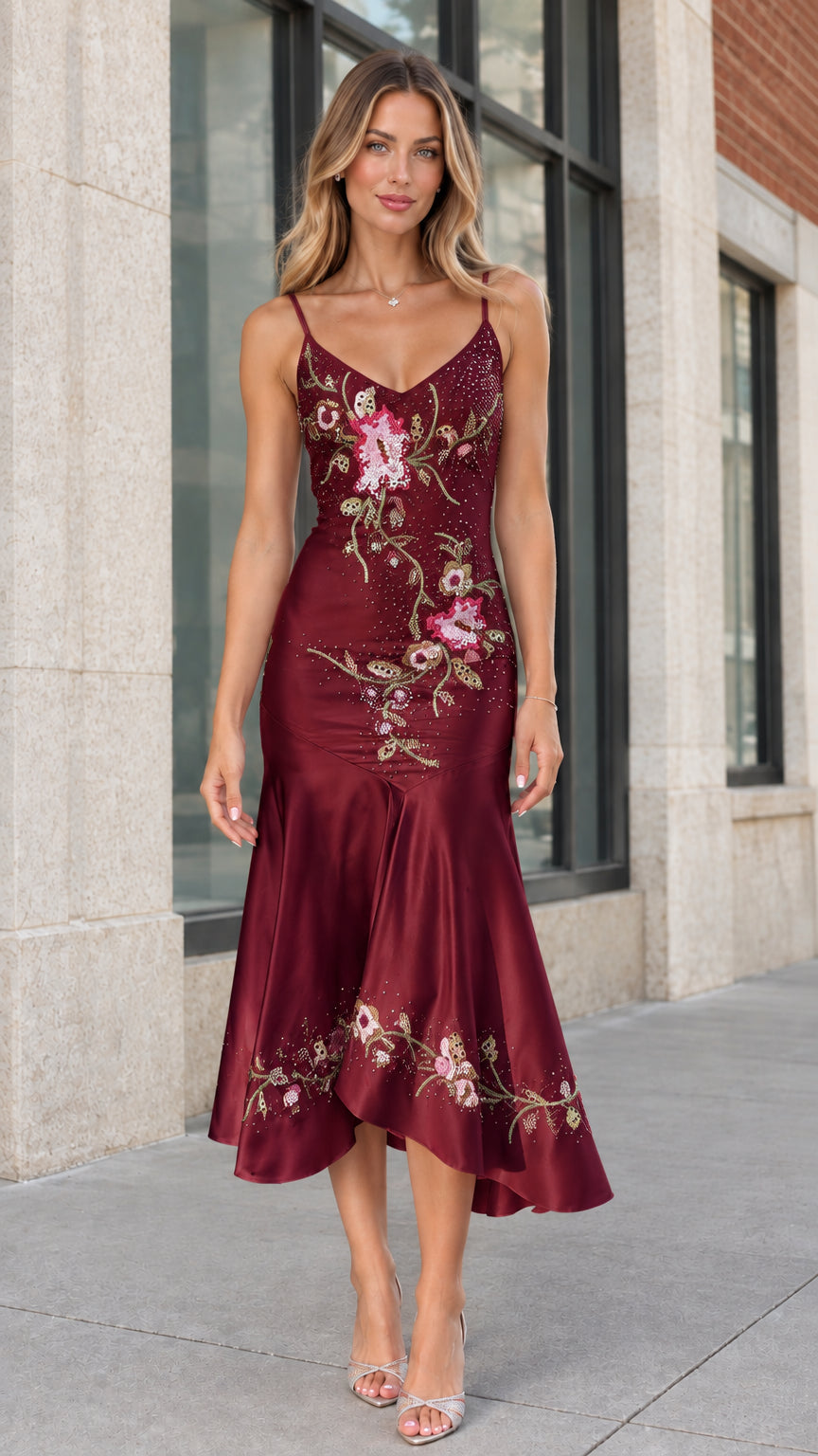 Model wearing burgundy red beaded satin cocktail midi dress
