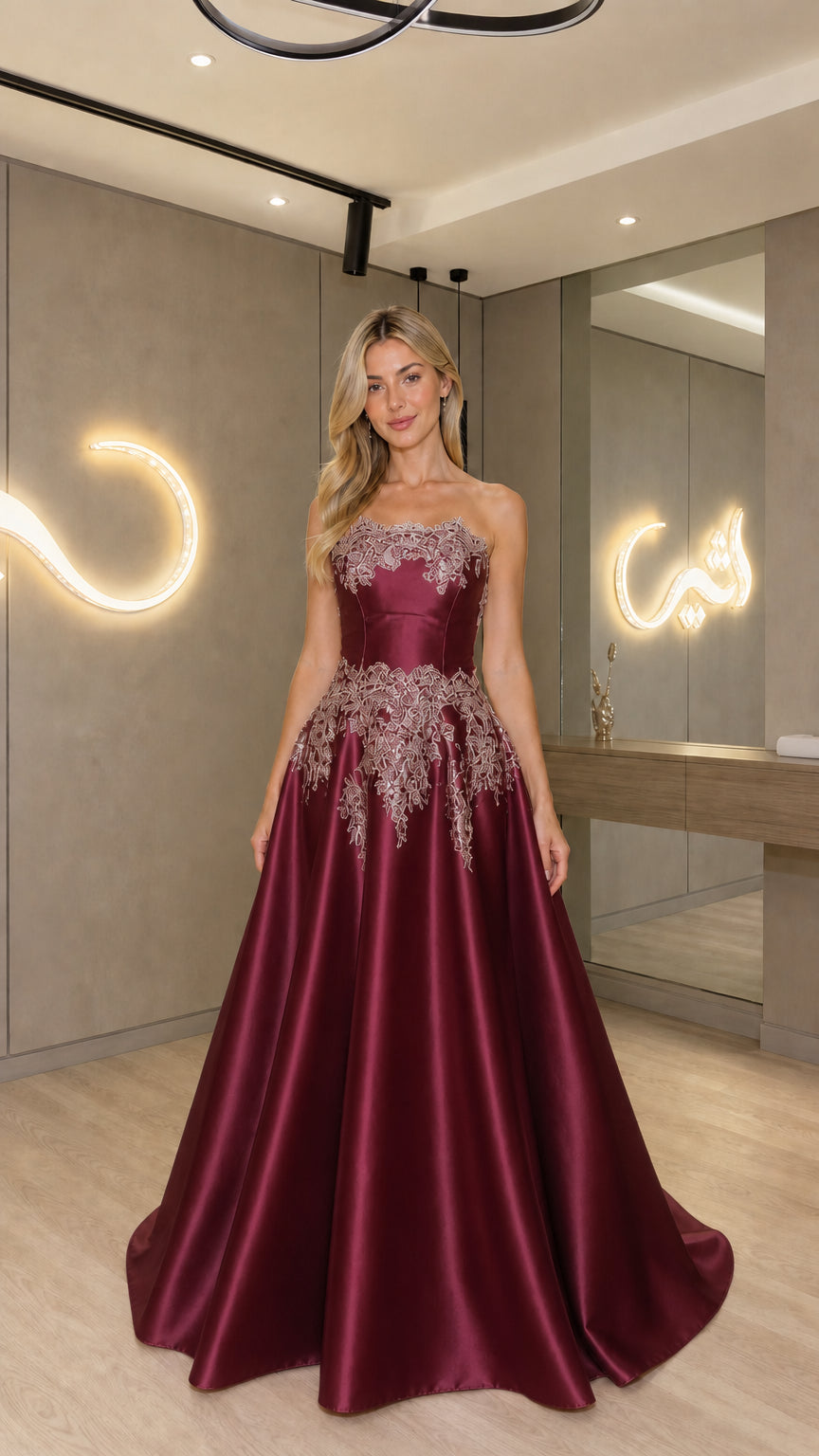 Burgundy wine red strapless satin gown with lace bodice